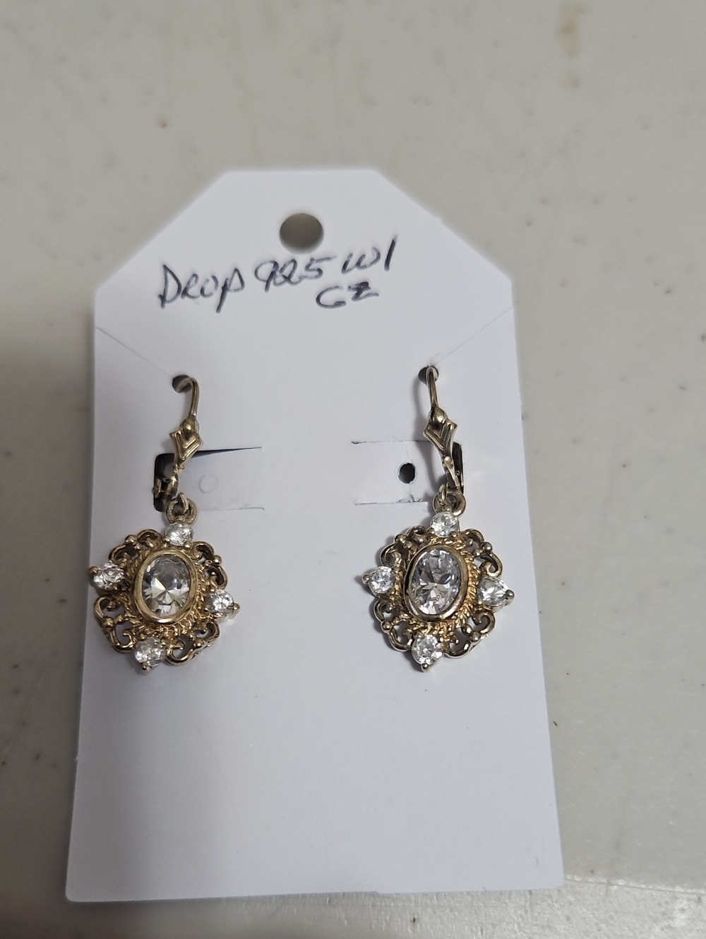 925 Sterling Gold Plate With CZs Drop 1" Long Very Pretty